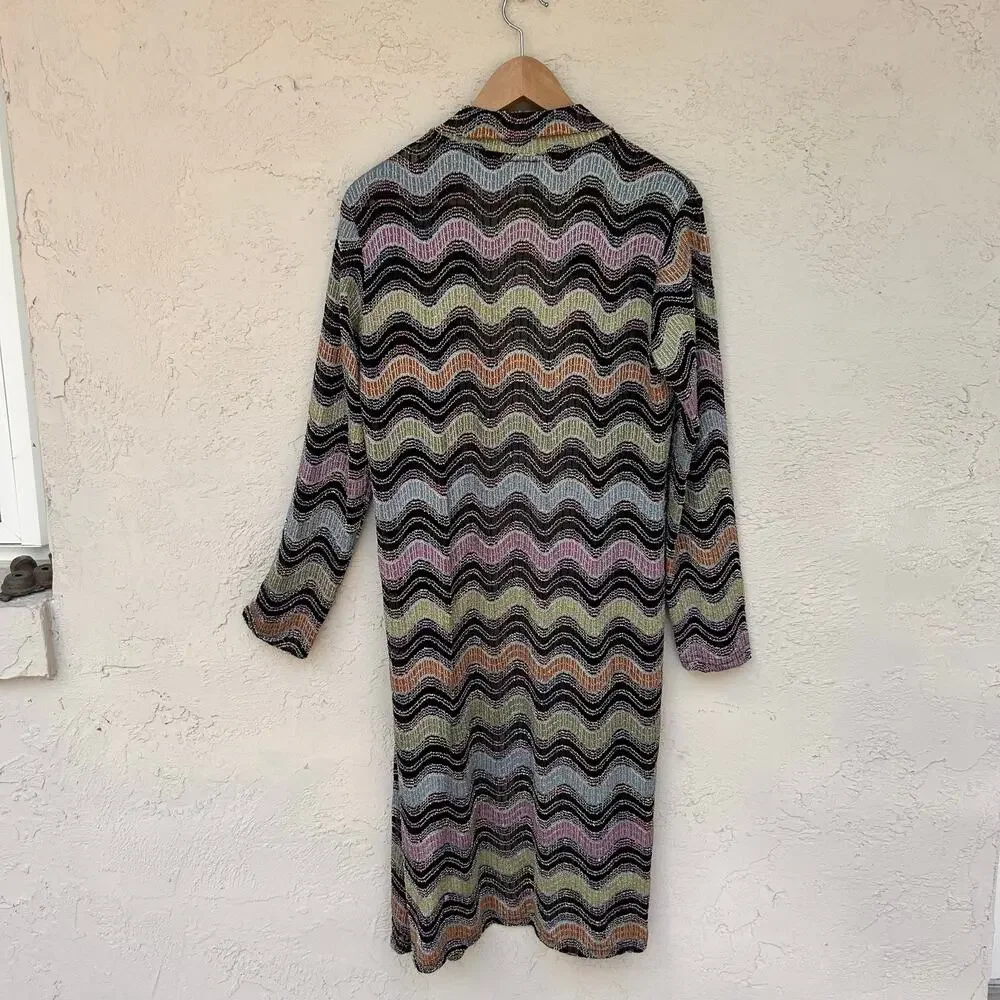 Y2K Chevron Duster Cardigan Multicolor Open Front Mesh Knit Medium
